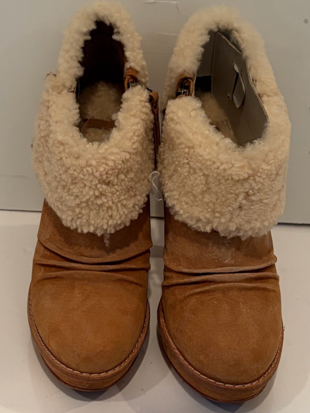 UGG Georgette Chestnut Suede Shearling Cuff High-Heel Ankle Boots - Picture 2 of 11
